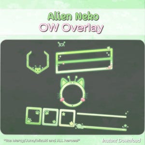 May include: A digital overlay set titled Alien Neko OW Overlay featuring light green graphic elements including a hexagonal frame, a circular cat-ear frame with antennae, rectangular boxes with paw prints, and thin horizontal bars with star accents.
