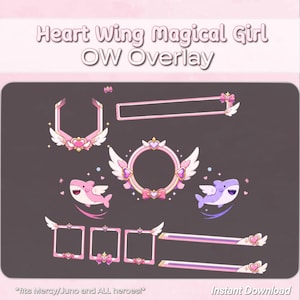 Puede incluir: Un conjunto de superposiciones digitales titulado Heart Wing Magical Girl OW Overlay que presenta marcos, bordes rosas y blancos, y dos ilustraciones de tiburones alados. Los elementos incluyen motivos de corazones, lazos y estrellas.