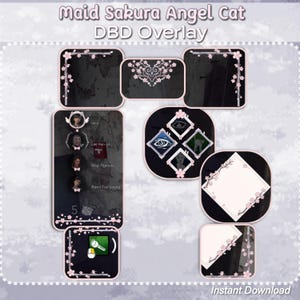 May include: A digital streaming overlay set titled Maid Sakura Angel Cat DBD Overlay. The collection features various frames and panels decorated with pink cherry blossom branches on a dark background, including player status bars and icons.