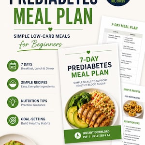 Peut inclure: Un plan de repas de 7 jours pour le prédiabète sous forme de document numérique, avec une couverture montrant un bol de poulet, brocoli et avocat. Le texte indique 7-Day Prediabetes Meal Plan, Simple Low-Carb Meals for Beginners et Dietitian Created RD, CDCES.
