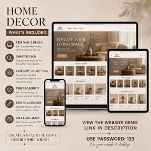 May include: A digital mockup showcasing a home decor website on a laptop, tablet, and smartphone. The website features the text "Elevate Your Living Space" and displays various home decor items. The image also includes the text "View the website demo link in description" and "Use password: 123".