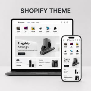 Puede incluir: Un ordenador portátil y un teléfono inteligente que muestran un tema de Shopify para una tienda de electrónica. Las pantallas muestran un menú de navegación, categorías de productos como Kitchen, TVs y Laptops, y un banner con el texto Flagship Savings.