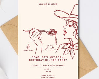 Spaghetti Western Party Invitation Template, Cowgirl Dinner, Italian Pasta Night, Editable Canva Printable