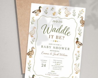 Waddle It Be Gender Reveal Invitation, Editable Canva Baby Shower Template (Digital Download)