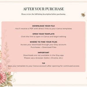 May include: A digital download information sheet with the text "AFTER YOUR PURCHASE" and instructions on how to download and access files. The design features floral illustrations and a bee graphic.