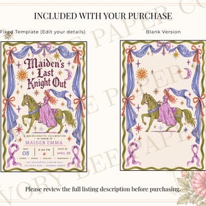 May include: Two invitation designs are shown, one with text and one blank. The invitations feature a woman riding a horse, with text that reads "Maiden's Last Knight Out." The design includes purple, blue, and gold accents, with ribbons and stars.