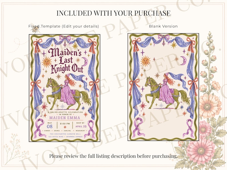 May include: Two invitation designs are shown, one with text and one blank. The invitations feature a woman riding a horse, with text that reads "Maiden's Last Knight Out." The design includes purple, blue, and gold accents, with ribbons and stars.