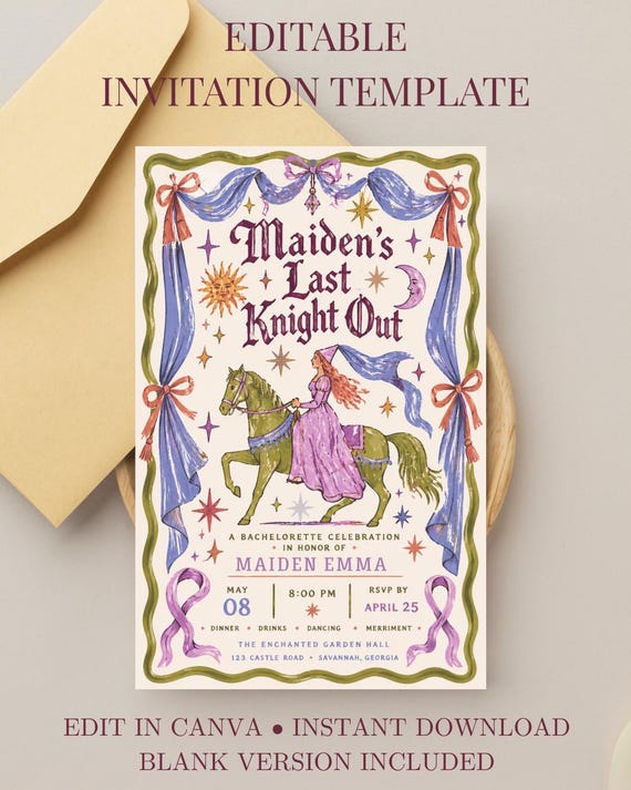 Medieval Bachelorette Invitation Template, Maiden’s Last Knight Out Invite