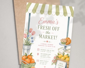 Fresh Off the Market Bridal Shower Invitation Template, Editable Canva Invite, Farmers Market Theme