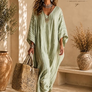 Flowy Kaftan Dress Boho Maxi Dress V Neck Beach Cover Up Resort Wear Oversized Caftan Dress