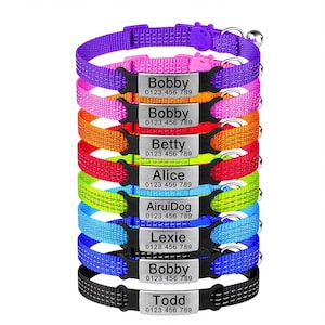 Pode incluir: Uma pilha de coleiras personalizadas para animais de estimação em várias cores, incluindo roxo, rosa, laranja, vermelho, verde, azul e preto. Cada coleira tem uma placa de metal com o nome e o número de telefone do animal de estimação. Com faixa refletora e sino.