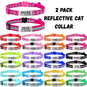 May include: A variety of reflective cat collars in various colors, each with a name tag and a bell. The collars are pink, red, orange, yellow, green, blue, purple, and black. The text "2 PACK REFLECTIVE CAT COLLAR" is displayed.