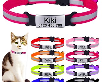 Personalised Reflective Cat Collar, Breakaway Safety, Engraved Name Tag, Bell Included