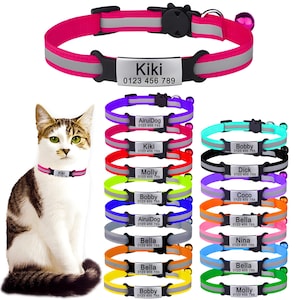 Collar reflectante personalizado para gatos con placa de identificación grabada, cierre de seguridad con liberación rápida, ajuste ajustable para gatitos.