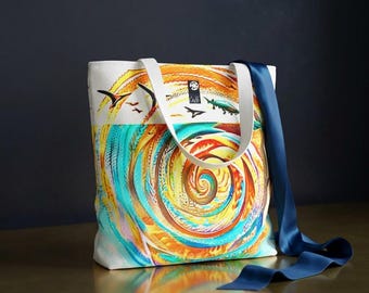 Bolso de mano con estampado de remolinos oceánicos, bolso de playa abstracto y colorido, bolsa de compras reutilizable, regalo de arte costero.