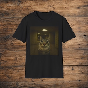 May include: Black t-shirt with a cat print. The cat is in a yellow-lit corridor. The cat has brown and grey stripes. The background is a long, yellow-lit hallway. The cat is looking directly at the viewer.