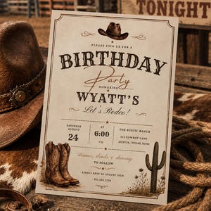 Op de afbeelding: Een rechthoekige uitnodigingskaart voor een verjaardagsfeest met een icoon van een cowboyhoed, een paar bruine leren cowboylaarzen en een cactusillustratie. De tekst luidt: PLEASE JOIN US FOR A BIRTHDAY PARTY HONORING WYATT'S Let's Rodeo! SATURDAY AUGUST 24 AT 6:00 PM THE RUSTIC RANCH 123 COWBOY LANE AUSTIN, TEXAS 78701 Dinner, drinks & dancing TO FOLLOW KINDLY RSVP BY AUGUST 10TH 512.555.1234.