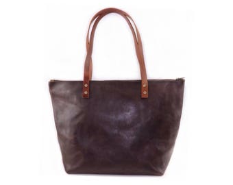 SALE!! Leather tote with zipper-pocket-key loop Full grain cowhide tote.