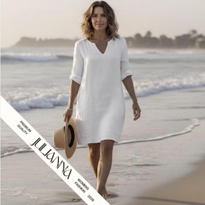 Cotton Linen V-Neck Dress, 3/4 Sleeve Multicolour Women's Summer Apparel