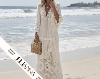 Långa kjolar i linne, bohemisk stil, v-ringad, spets, tofs, skarvning, strand, semester, elegant klänning