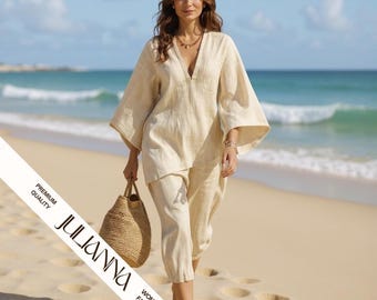 Linen Casual Fashion Plus-Size Batwing Sleeve Long Pants Solid Colour Two-Piece Set