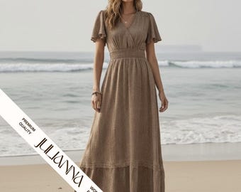 Linne V-ringad kortärmad sommarklänning med resår i midjan, flerfärgad minimalistisk lång