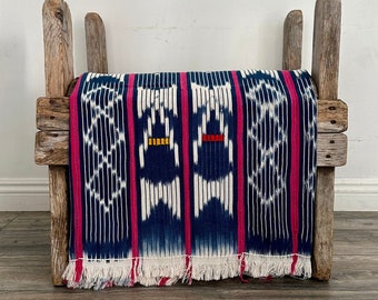 Vintage Indigo Baule Ikat African Fabric - Blue, White & Pink - Ethnic Mudcloth Throw Blanket - Boho Bedding and Home Decor