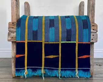 Unique Color Ikat Vintage Baule African Fabric - Bohemian Ethnic Fabric for Sewing - Blue, Mustard & Green Mud Cloth - Gift for Her