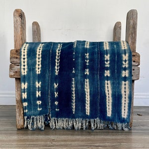 Vintage Indigo Mudcloth Throw - Handwoven, Natural Dye (Boho, Upholstery, Home Decor) - 64" x 45" - African fabric from Mali
