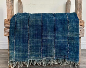 Fringe Indigo Mud Cloth: Vintage African Throw, 66"x45", boho textile
