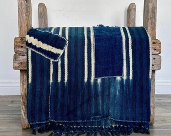 Patched Mudcloth - Indigo Vintage Textile for Boho Decor - African Fabric Blanket Throw - Denim Scarf - Cotton Wrap - Interior designer