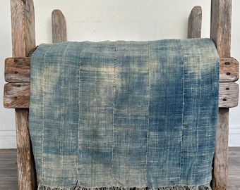 Vintage Indigo Mud Cloth Fabric, African Cotton Textile, Boho Furniture Blanket, 74x41