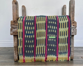 Unique Color Ikat Vintage Baule African Fabric - Gift for Her - African Indigo Ethnic Fabric - Boho Mud Cloth - Blue, yellow & pink cloth