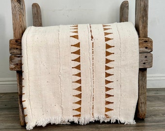 Rare White and Rust Mudcloth Throw Blanket - Africa Print Fabric with Triangle Copper Print - Fabric Wall Hanging and Throw - Home