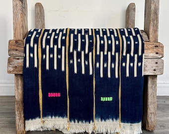 Vintage Baule Cloth – Blue, yellow & off-White Ikat African Fabric, home decor
