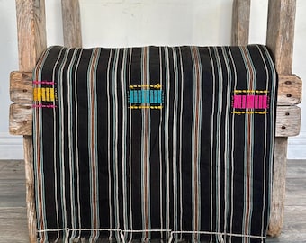 Handwoven African Ikat Fabric Textile Art Boho Wall Hanging (56x42), Black Grey Aqua