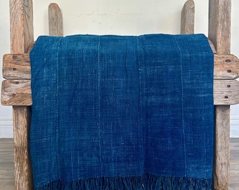 Vintage Mossi Solid Indigo African Cotton Fabric Textile Blanket Boho Decor, large piece