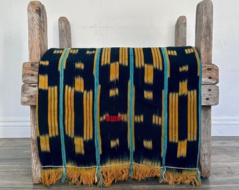 Yellow & Indigo Vintage Baule Ikat African Fabric - Ethnic Bogolan Tissu for Home Decor - Blanket, Tapestry Textile, Ikat - New home gift