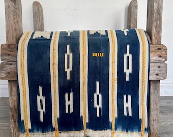 De Baule Indigo Textile, Blue White Yellow African Fabric, Hand Loomed Ivory Coast Cloth (56x42)