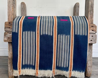 Vintage Baule Ikat Fabric: Orange, Off-white & Indigo African Textile Art (54x43)