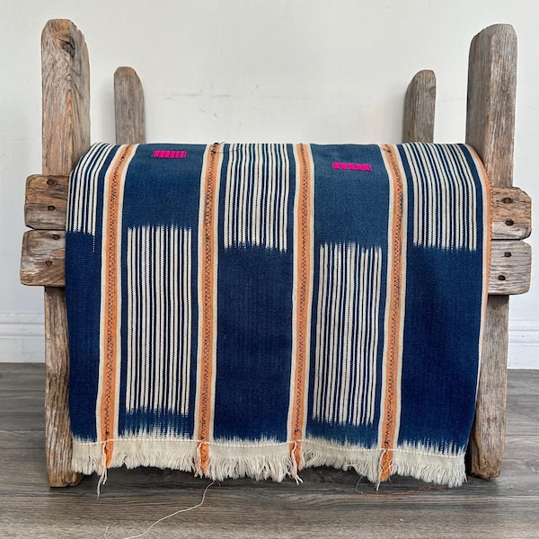 Vintage Baule Ikat Fabric: Orange, Off-white & Indigo African Textile Art (54x43)