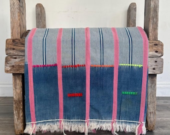 Handwoven African Ikat Fabric Textile Art Boho Wall Hanging (54x43), Pink Blue White
