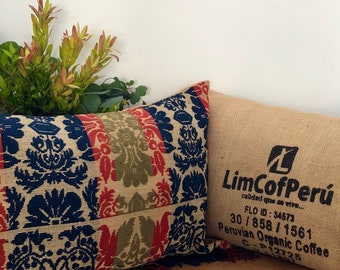 Tapestry Lumbar Pillow: Coffee Bean Sack, Bohemian Decor (28”x18")