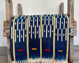 Vintage Ikat Fabric Yellow Indigo African Textile Art 56x42