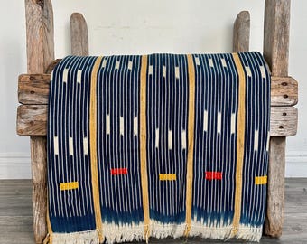 Vintage Baule Ikat Fabric - Yellow White Indigo African Textile Wall Art, 56x37 Handwoven Tribal Tapestry for Boho Home Decor