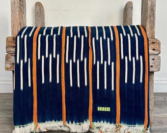 Handwoven African Ikat Fabric Textile Art Boho Wall Hanging (56x42), Orange Blue White