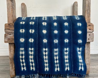 Indigo Mudcloth Blanket, African Boho Textile, Tribal Tie Dye, 58" x 45"