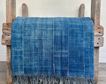 Vintage Mossi Solid Indigo African Cotton Fabric Textile Blanket Boho Decor, medium wash