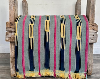 Handwoven African Ikat Fabric Textile Art Boho Wall Hanging (60x40), Pink Blue Yellow