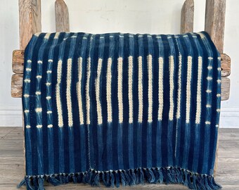 Shibori Indigo Mudcloth African Vintage Textile Blanket | Rare Hand Dyed Blue Fabric
